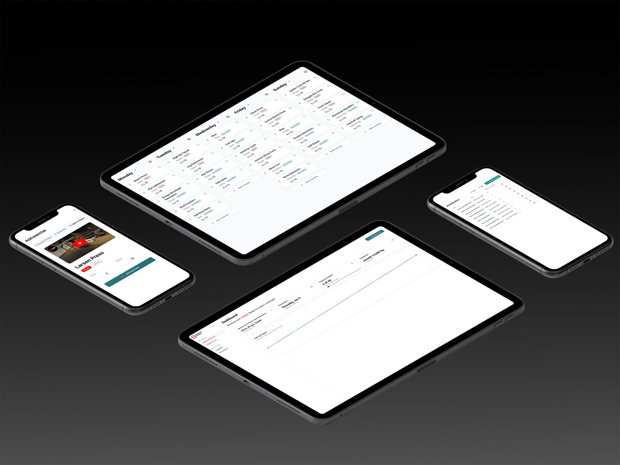 Screenshots of the StrengthLab360 app displayed on iPhone and iPad, showcasing the periodization feature with detailed training plans and progress tracking for optimized strength development.
